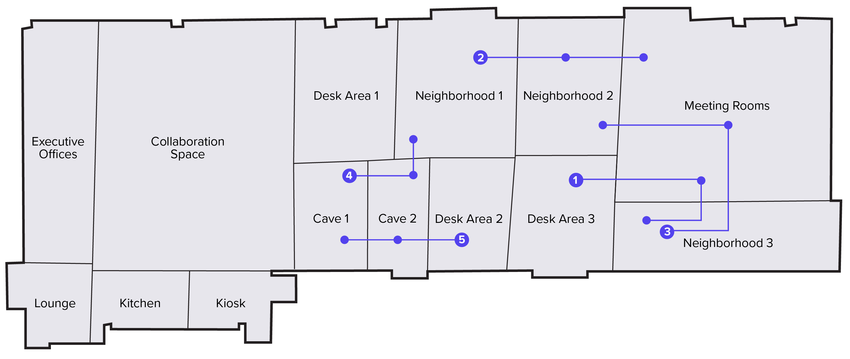 popular pathways in office space highlighted on office floor plan