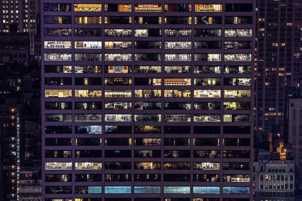 large commercial real estate building at night